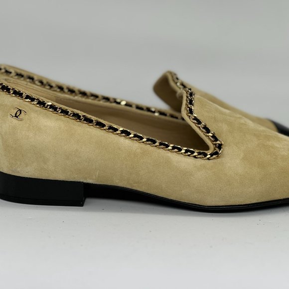 CHANEL 21A Suede Patent Cap Toe Chain Trim CC Loafers Flat Shoes - Picture 8 of 16